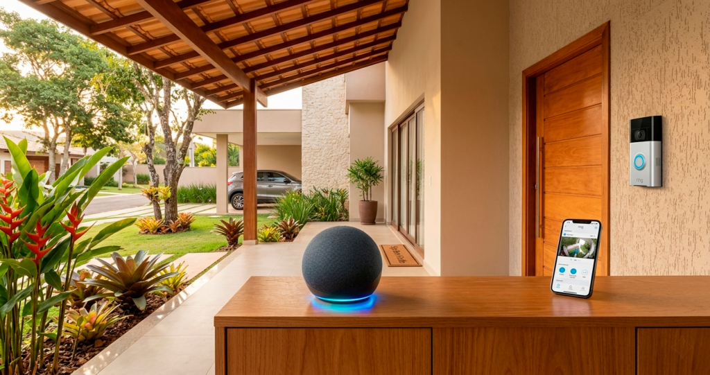 10 Coisas Incríveis da Alexa que Vão Facilitar Sua Vida. 5 Alexa conectada ao disposito Ring com câmera intergradas